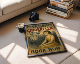 Cinderella Musical Comedy Poster – Vintage Fairytale Theatre Print with Clock and Coach Motif - Just Great Posters