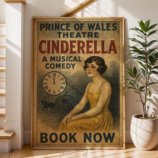 Cinderella Musical Comedy Poster – Vintage Fairytale Theatre Print with Clock and Coach Motif - Just Great Posters