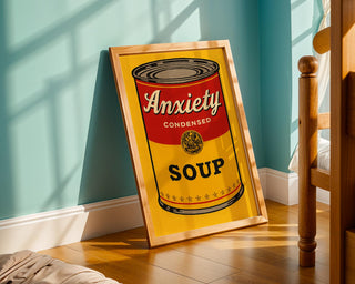 Anxiety Soup Pop Art Print – Funny Mental Health Wall Art, Bold Warhol Inspired Digital Poster, Satirical Self - Care Decor - Just Great Posters