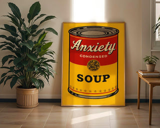 Anxiety Soup Pop Art Print – Funny Mental Health Wall Art, Bold Warhol Inspired Digital Poster, Satirical Self - Care Decor - Just Great Posters