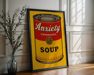 Anxiety Soup Pop Art Print – Funny Mental Health Wall Art, Bold Warhol Inspired Digital Poster, Satirical Self - Care Decor - Just Great Posters