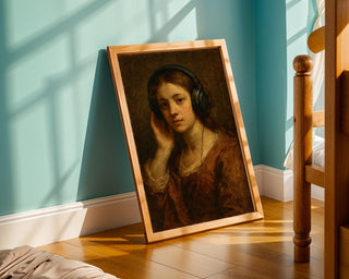 Vintage Girl With Headphones Print – Funny Classical Painting Remix, Lo - Fi Aesthetic Digital Wall Art, Moody Music Poster - Just Great Posters