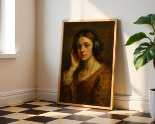Vintage Girl With Headphones Print – Funny Classical Painting Remix, Lo - Fi Aesthetic Digital Wall Art, Moody Music Poster - Just Great Posters