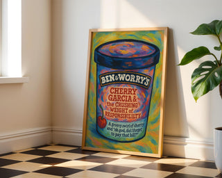 Cherry Garcia Responsibility Poster – Funny Anxiety Wall Art, Ben & Worry’s Ice Cream Parody, Physical Mental Health Print Shipped - Just Great Posters