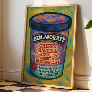 Cherry Garcia Responsibility Poster – Funny Anxiety Wall Art, Ben & Worry’s Ice Cream Parody, Physical Mental Health Print Shipped - Just Great Posters