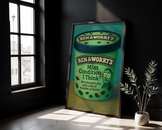 Mint Condition I Think Poster – Funny Imposter Syndrome Wall Art, Mental Health Ice Cream Parody Print, Shipped Physical Poster - Just Great Posters