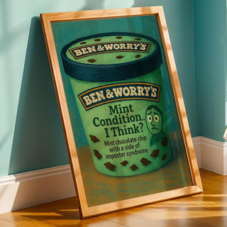 Mint Condition I Think Poster – Funny Imposter Syndrome Wall Art, Mental Health Ice Cream Parody Print, Shipped Physical Poster - Just Great Posters