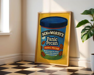 Panic Pecan Poster – Funny Ice Cream Mental Health Print, Anxiety Parody Wall Art, Ben & Worry’s Physical Poster Shipped to You - Just Great Posters