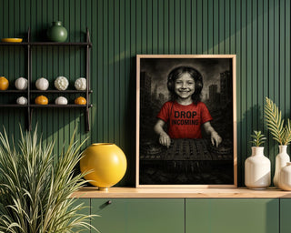 Smiling Kid DJ in Dystopian Ruins | Drop Incoming Tee Art Print | Dark Humour Wall Art | Apocalyptic Music Poster | Free Shipping - Just Great Posters