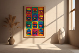 Colorful Burger Pop Art Poster | Funky Fast Food Wall Print | Retro Kitchen Decor for Food Lovers | Warhol - Inspired Art | Free Shipping - Just Great Posters
