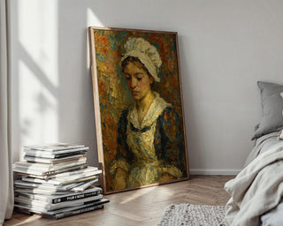 Textured Maid Portrait Print | Classic Oil Style Painting Wall Art | Vintage - Inspired Emotional Figure Study | Free Shipping - Just Great Posters