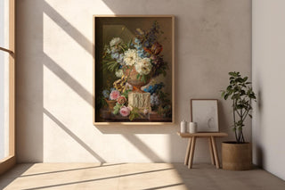 Floral Still Life Poster Print – Dutch Master Style Wall Art with Classical Urn, Roses, and Bird’s Nest, Vintage Fine Art Decor - Just Great Posters