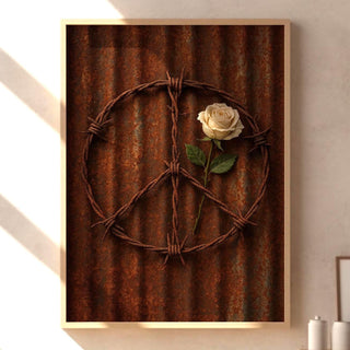 Barbed Wire Peace Sign Print – White Rose on Rusted Metal, Gritty Symbolic Wall Art - Just Great Posters