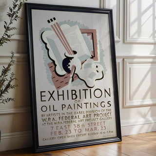 WPA Exhibit Poster Print – Oil Paintings Gallery Show Reprint – Federal Art Project 1930s Artwork with Pastel Abstract Still Life - Just Great Posters