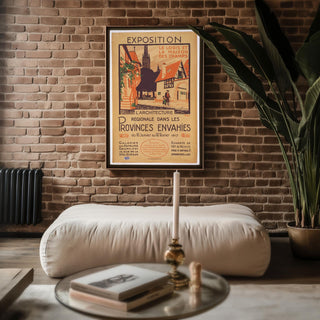 French Exhibition Poster Print – 1917 Architecture Show Reprint – Regional Village Scene with Timber Buildings and Red Accents - Just Great Posters