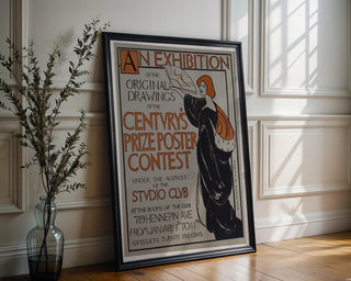 Vintage Art Exhibit Poster Print – Century’s Prize Poster Contest Reprint – 1890s Studio Club Illustrated Woman with Fan - Just Great Posters