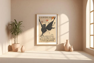 Vintage Art Exhibition Poster Print – Leipzig 1914 Reprint – Mythical Griffin Rider with Fire and Typography in Dramatic Style - Just Great Posters