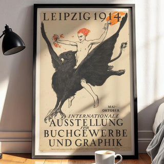 Vintage Art Exhibition Poster Print – Leipzig 1914 Reprint – Mythical Griffin Rider with Fire and Typography in Dramatic Style - Just Great Posters