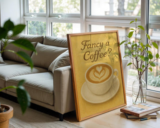 Fancy a Coffee Poster – Retro Latte Art Wall Print – Warm Café - Inspired Kitchen Decor – Funny Coffee Lover Gift – Cozy Espresso Artwork - Just Great Posters