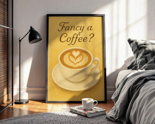 Fancy a Coffee Poster – Retro Latte Art Wall Print – Warm Café - Inspired Kitchen Decor – Funny Coffee Lover Gift – Cozy Espresso Artwork - Just Great Posters
