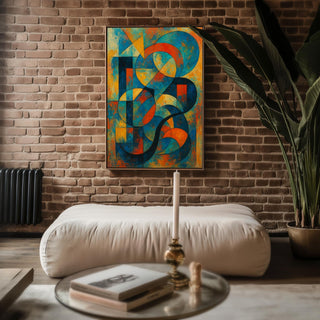 Bold Geometric Abstract Wall Art – Colorful Mid Century Style Shapes Print, Modern Retro Art Poster in Orange, Blue & Yellow Tones - Just Great Posters