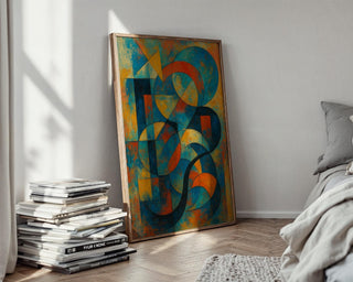 Bold Geometric Abstract Wall Art – Colorful Mid Century Style Shapes Print, Modern Retro Art Poster in Orange, Blue & Yellow Tones - Just Great Posters