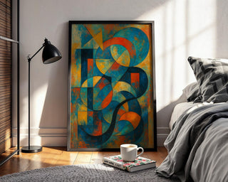 Bold Geometric Abstract Wall Art – Colorful Mid Century Style Shapes Print, Modern Retro Art Poster in Orange, Blue & Yellow Tones - Just Great Posters