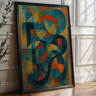 Bold Geometric Abstract Wall Art – Colorful Mid Century Style Shapes Print, Modern Retro Art Poster in Orange, Blue & Yellow Tones - Just Great Posters