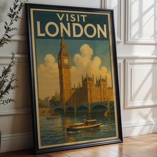 Visit London Vintage Poster – Retro Big Ben & River Thames Travel Print, Classic British Wall Art, UK Tourism Illustration - Just Great Posters