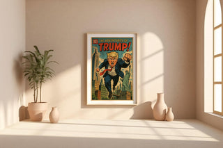 Trump Comic Poster – Satirical Superhero Art Print in Retro Comic Style, Bold Political Pop Culture Wall Art - Just Great Posters