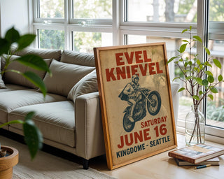 Evel Knievel Kingdome Seattle Poster – Retro Motorcycle Stunt Print, Vintage Daredevil Wall Art, Bold Americana Throwback - Just Great Posters
