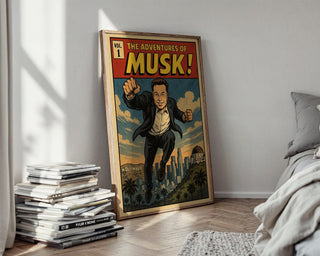 Musk Comic Poster – Elon Musk Superhero Parody Print, Retro Comic Wall Art for Fans of Tech & Pop Culture - Just Great Posters