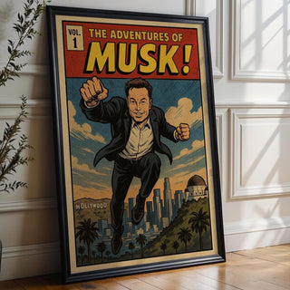 Musk Comic Poster – Elon Musk Superhero Parody Print, Retro Comic Wall Art for Fans of Tech & Pop Culture - Just Great Posters