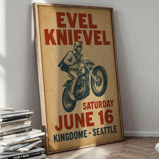 Evel Knievel Kingdome Seattle Poster – Retro Motorcycle Stunt Print, Vintage Daredevil Wall Art, Bold Americana Throwback - Just Great Posters