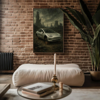 Post - Apocalyptic Tesla Art Print – Dystopian Abandoned Car Wall Art, Dark Futurism Poster with Ruins, Bleak Modern Satire Decor - Just Great Posters