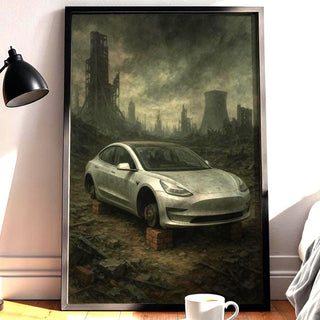 Post - Apocalyptic Tesla Art Print – Dystopian Abandoned Car Wall Art, Dark Futurism Poster with Ruins, Bleak Modern Satire Decor - Just Great Posters