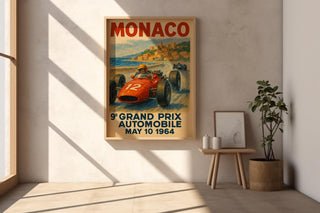 Monaco Grand Prix 1964 Poster – Retro Formula 1 Racing Art Print, Vintage Motorsport Wall Decor with Classic Race Car and Coastline - Just Great Posters
