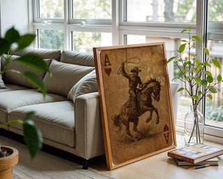 Cowboy Ace of Hearts Playing Card Print – Western Style Vintage Art Poster, Wild West Cowboy on Horse Wall Art for Card Lovers - Just Great Posters