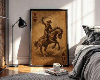 Cowboy Ace of Hearts Playing Card Print – Western Style Vintage Art Poster, Wild West Cowboy on Horse Wall Art for Card Lovers - Just Great Posters