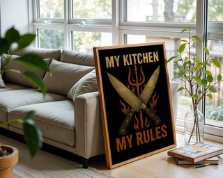 My Kitchen My Rules Poster – Bold Chef Wall Art with Knives and Flames, Funny Kitchen Decor for Cooks, Grillmasters, and Foodies - Just Great Posters