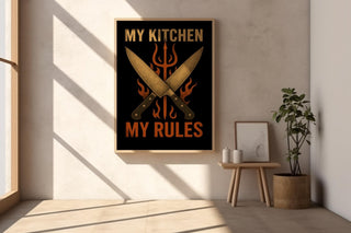 My Kitchen My Rules Poster – Bold Chef Wall Art with Knives and Flames, Funny Kitchen Decor for Cooks, Grillmasters, and Foodies - Just Great Posters