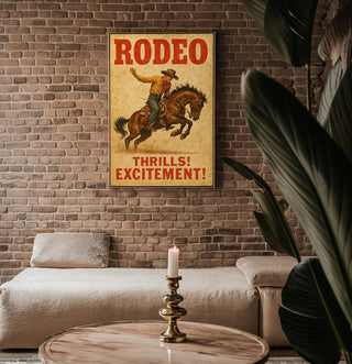 Rodeo Vintage Poster – Western Cowboy Wall Art with Bucking Bronco, “Thrills! Excitement!” Print for Rustic or Country Home Decor - Just Great Posters