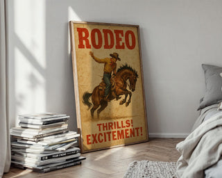 Rodeo Vintage Poster – Western Cowboy Wall Art with Bucking Bronco, “Thrills! Excitement!” Print for Rustic or Country Home Decor - Just Great Posters