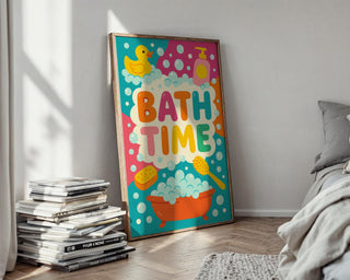 Bath Time Poster – Colorful Kids Bathroom Wall Art with Duck, Bubbles & Tub, Cute Playful Print for Toddlers, Nurseries or Daycares - Just Great Posters
