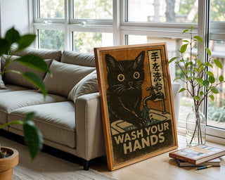 Wash Your Hands Cat Poster – Vintage Japanese Style Hygiene Wall Art, Retro Handwashing Print for Bathroom or Cat Lover Gift - Just Great Posters