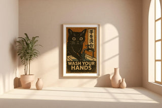 Wash Your Hands Cat Poster – Vintage Japanese Style Hygiene Wall Art, Retro Handwashing Print for Bathroom or Cat Lover Gift - Just Great Posters
