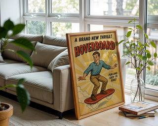Hoverboard Retro Poster – Vintage Future Ride Wall Art, Funny Sci - Fi Style Hoverboard Ad Print, Midcentury Adventure Poster - Just Great Posters