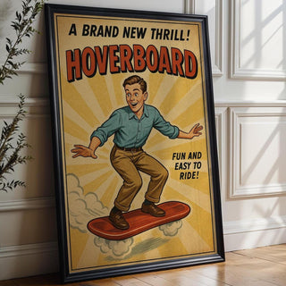 Hoverboard Retro Poster – Vintage Future Ride Wall Art, Funny Sci - Fi Style Hoverboard Ad Print, Midcentury Adventure Poster - Just Great Posters