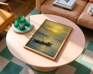 Golden Sunset Fishing Boat Print – Serene Nautical Wall Art, Peaceful Ocean Scene Painting, Coastal Decor for Living Room or Beach House - Just Great Posters