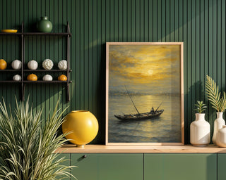 Golden Sunset Fishing Boat Print – Serene Nautical Wall Art, Peaceful Ocean Scene Painting, Coastal Decor for Living Room or Beach House - Just Great Posters